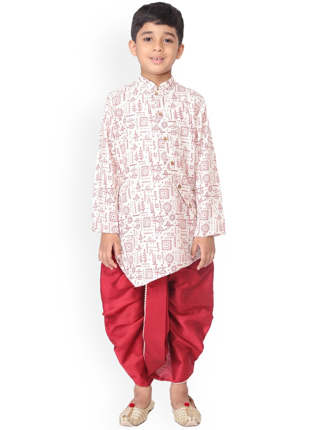 

TABARD Tribal Printed Mandarin Collar Asymmetric Pure Cotton Kurta, White