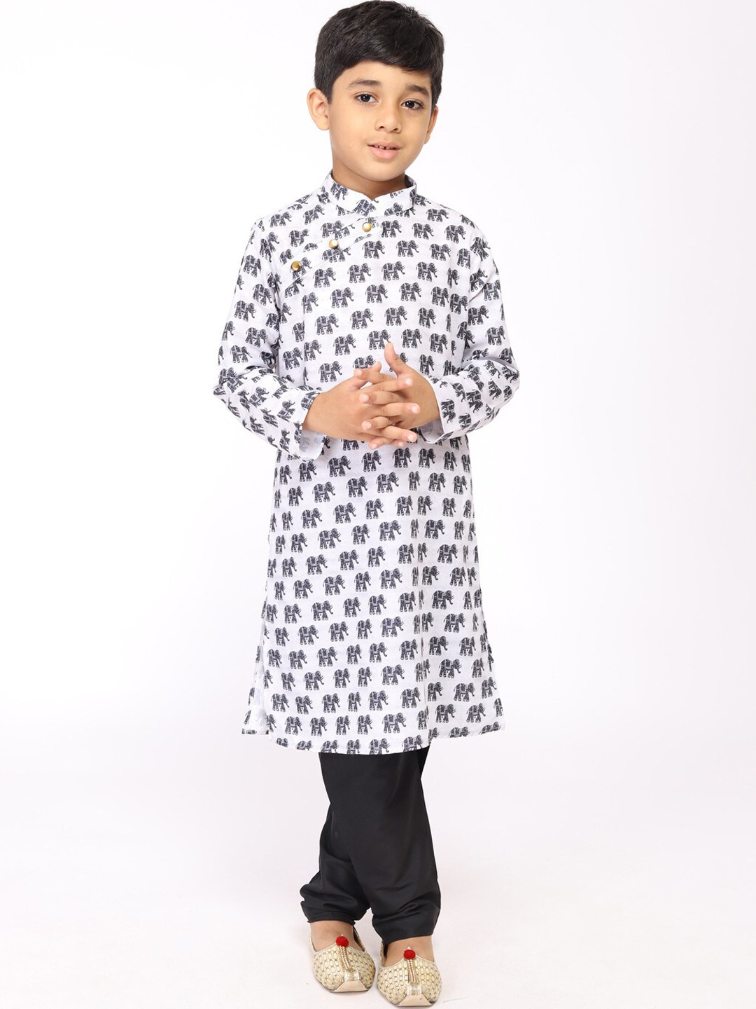 

TABARD Boys Printed Cotton Angrakha Straight Kurta, White