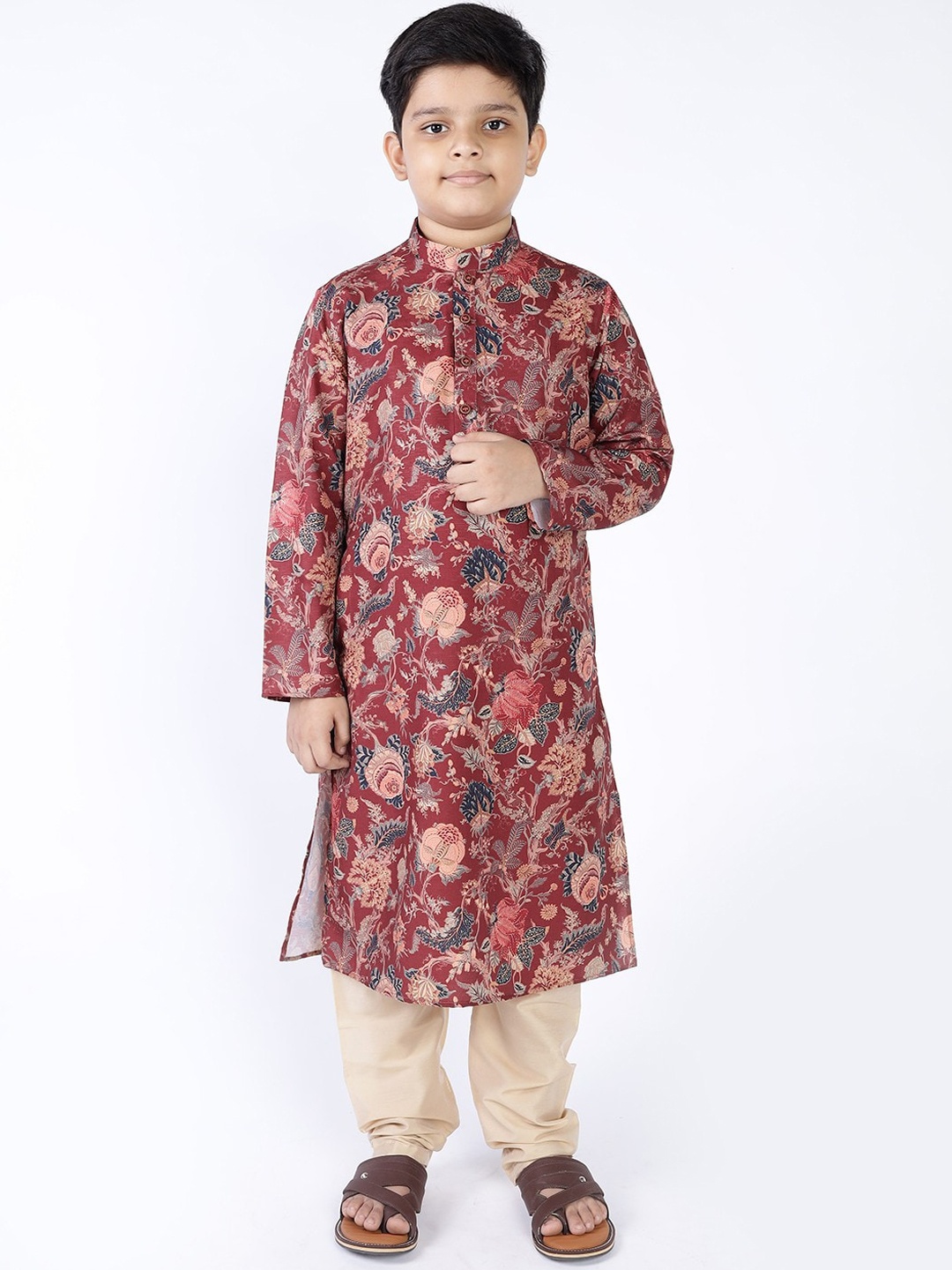 

TABARD Boys Mandarin Collar Floral Printed Pure Cotton Kurta, Maroon