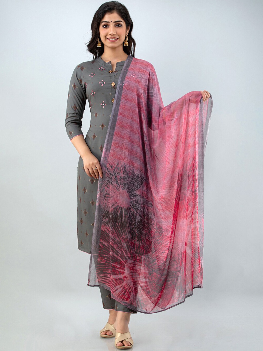

Kurtipedia Women Ethnic Printed Mirror Work Kurta with Trousers & Dupatta, Grey