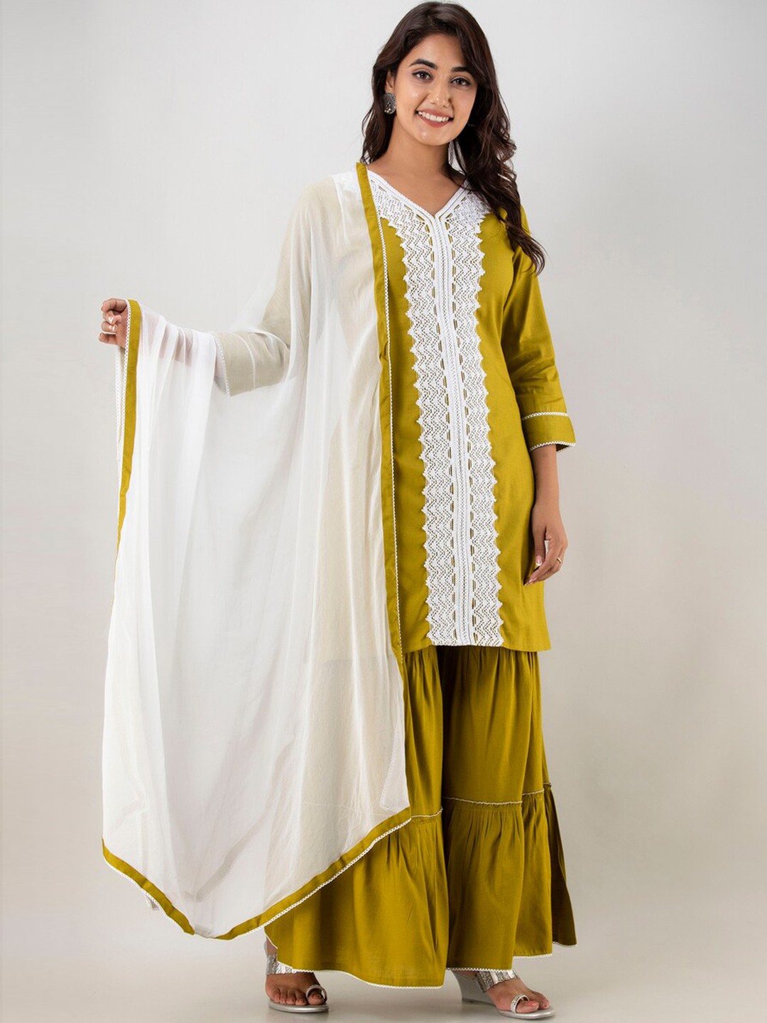 

Kurtipedia V Neck Kurta with Sharara & Dupatta, Olive