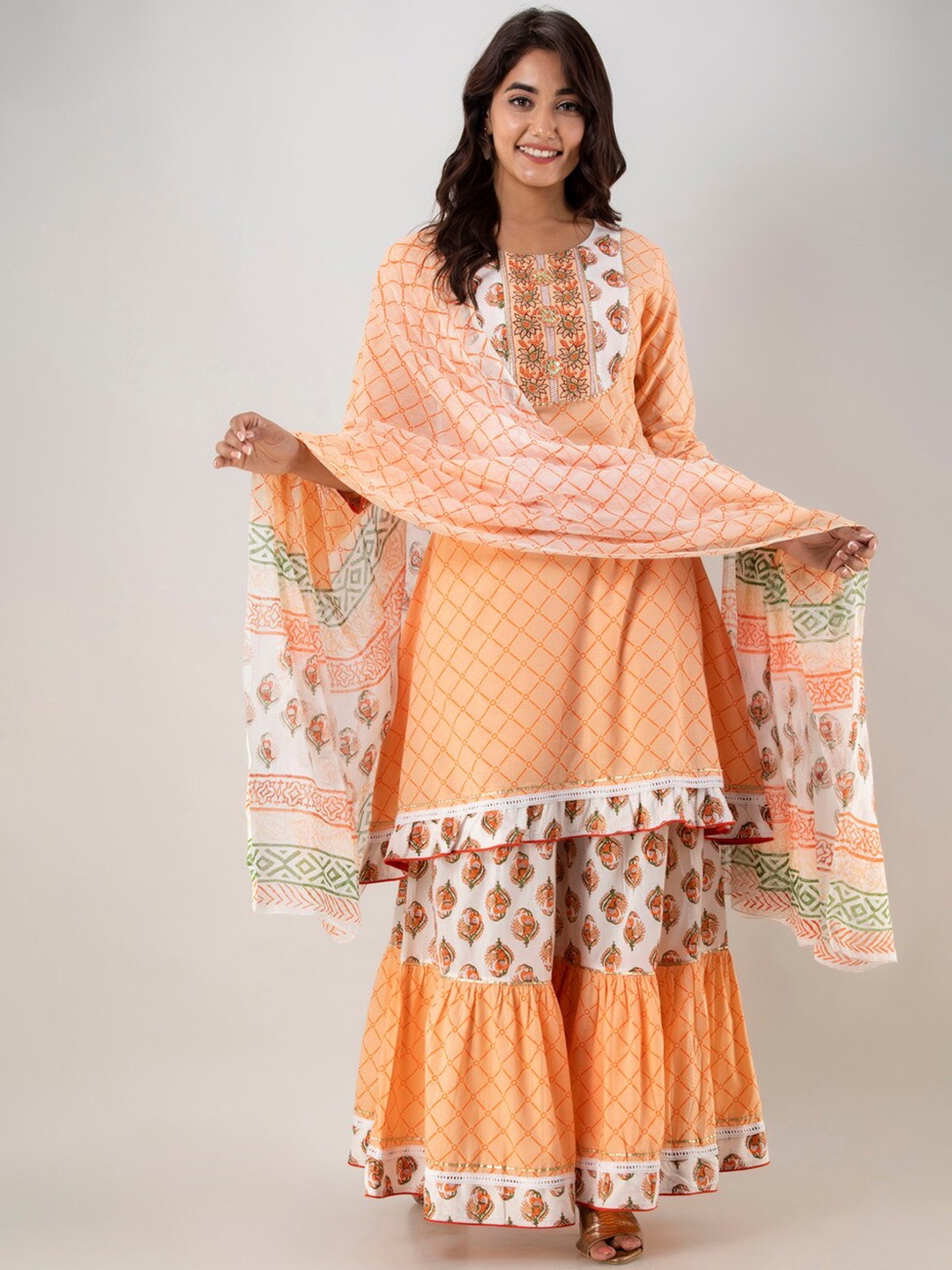 

Kurtipedia Floral Printed Gotta Patti Anarkali Pure Cotton Kurta with Sharara & Dupatta, Peach