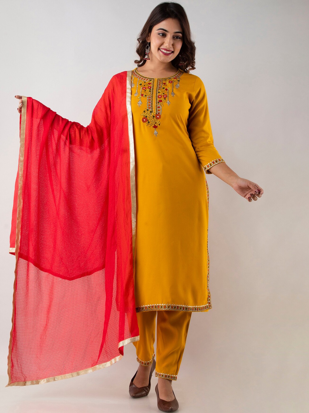 

Kurtipedia Women Embroidered Kurta & Trousers With Dupatta, Mustard