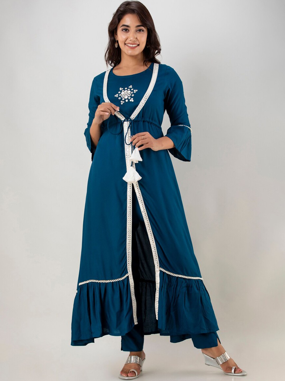 

Kurtipedia Mirror Work Laced Front High Slit A-Line Kurta With Trousers, Blue