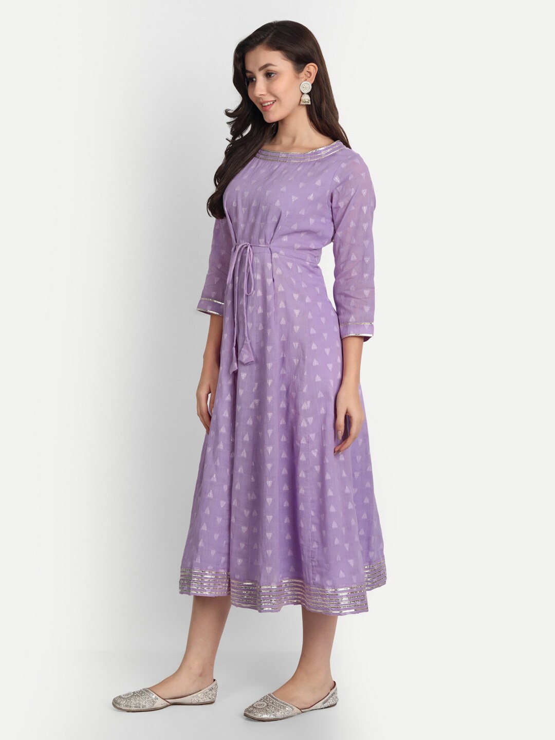 

Jilmil Ethnic Printed Tie-Up Detailed Cotton Fit & Flare Midi Dress, Violet