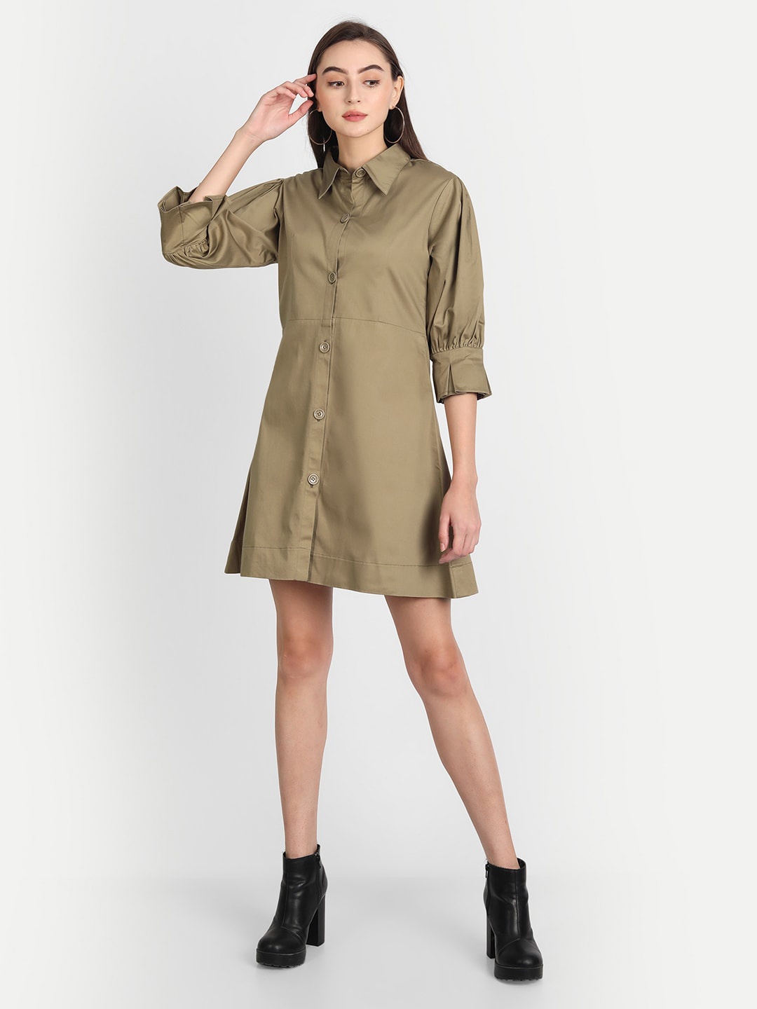 

Jilmil Cuffed Sleeves Mini Cotton Shirt Dress, Khaki