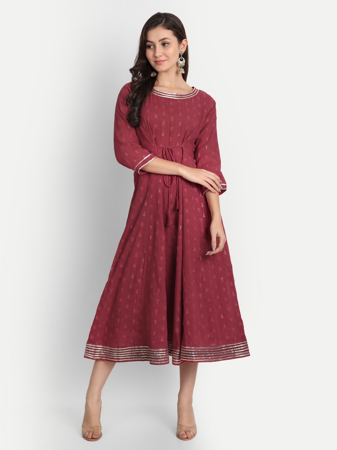 

Jilmil Ethnic Printed Tie-Up detailed Cotton Midi Fit & Flare Dress, Maroon