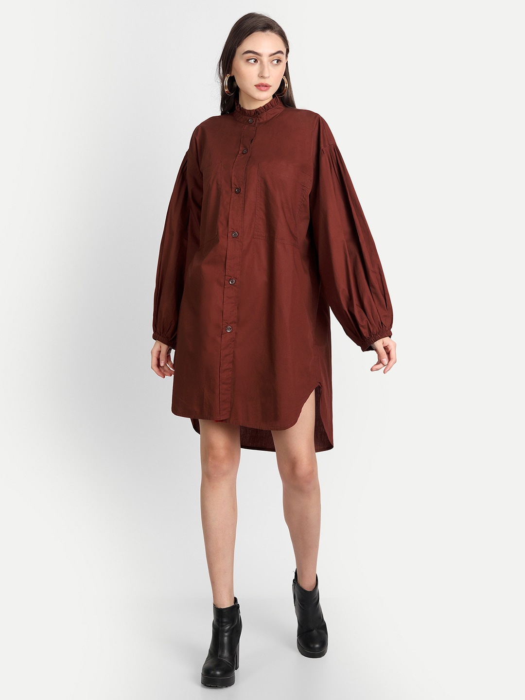 

Jilmil Side Slit High Neck Shirt Cotton Dress, Brown
