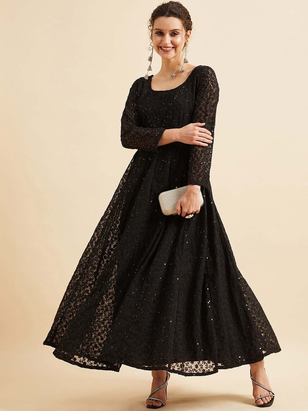 

PANIT Embroidered Chikankari Maxi Long Ethnic Dress, Black