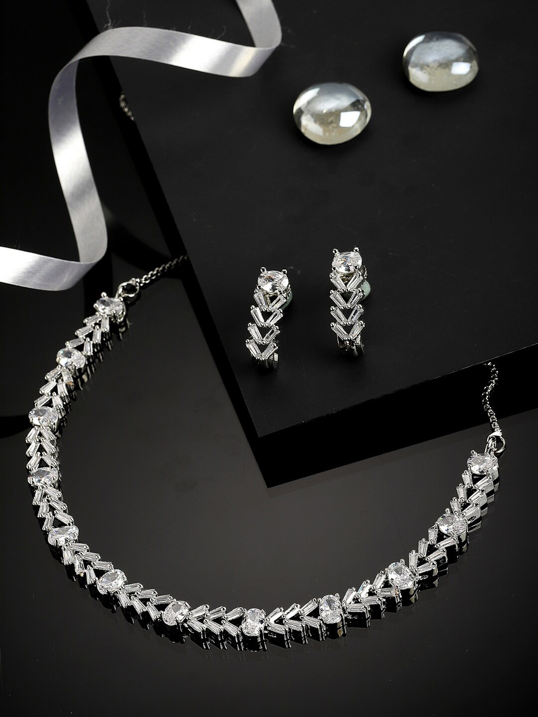 

ZENEME Rhodium-Plated AD-Studded Jewellery Set, White