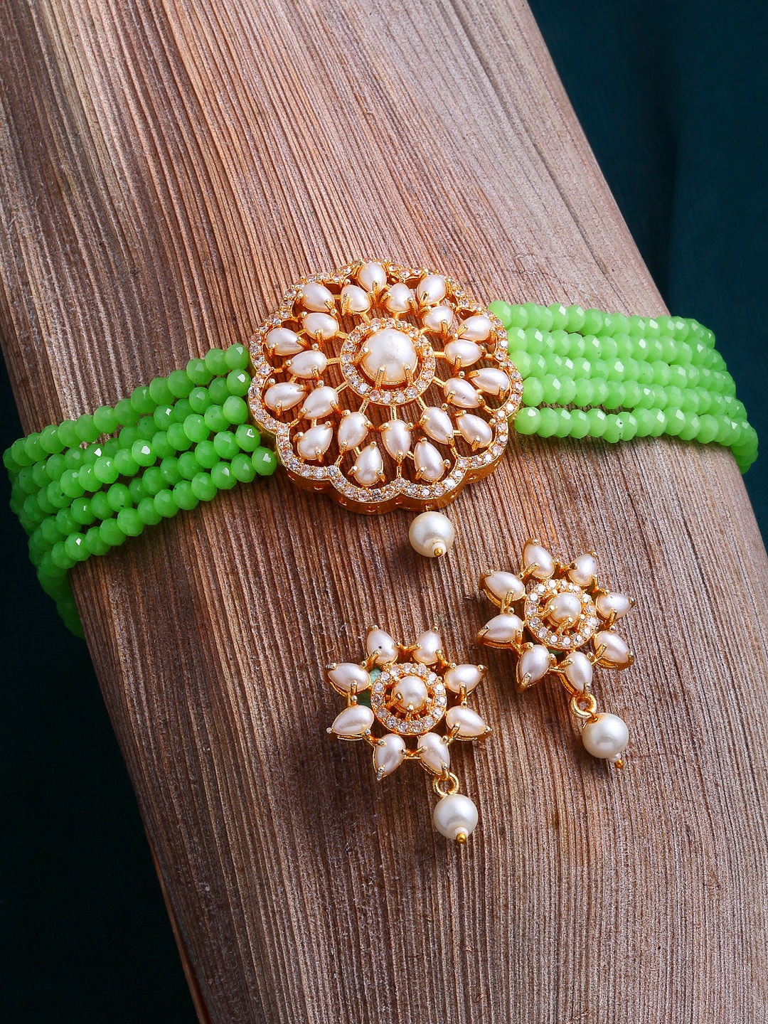 

ZENEME Gold-Plated Pearl Beaded Jewellery Set, Green