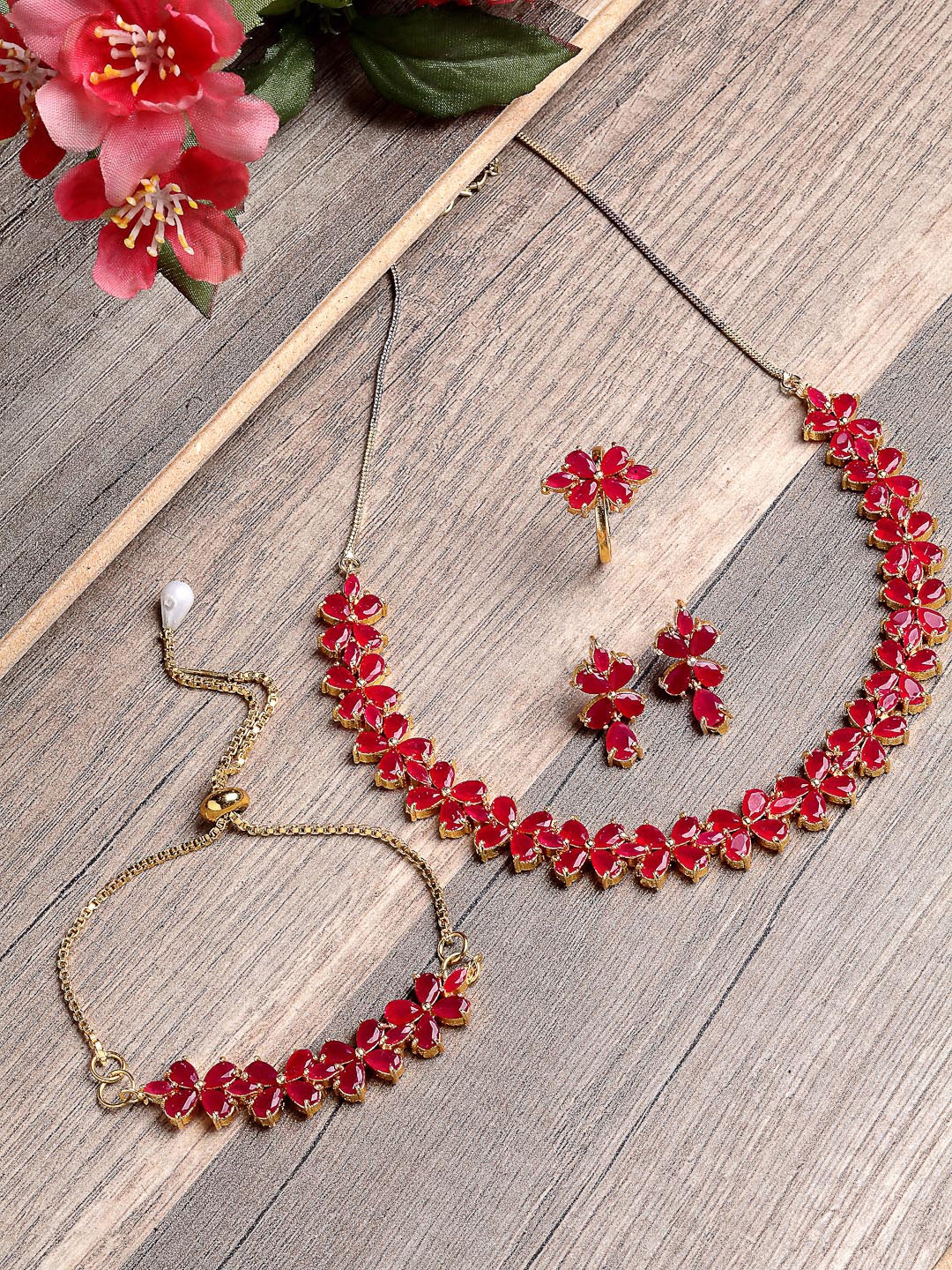 

ZENEME Gold-Plated AD-Studded & Beaded Jewellery Set, Red