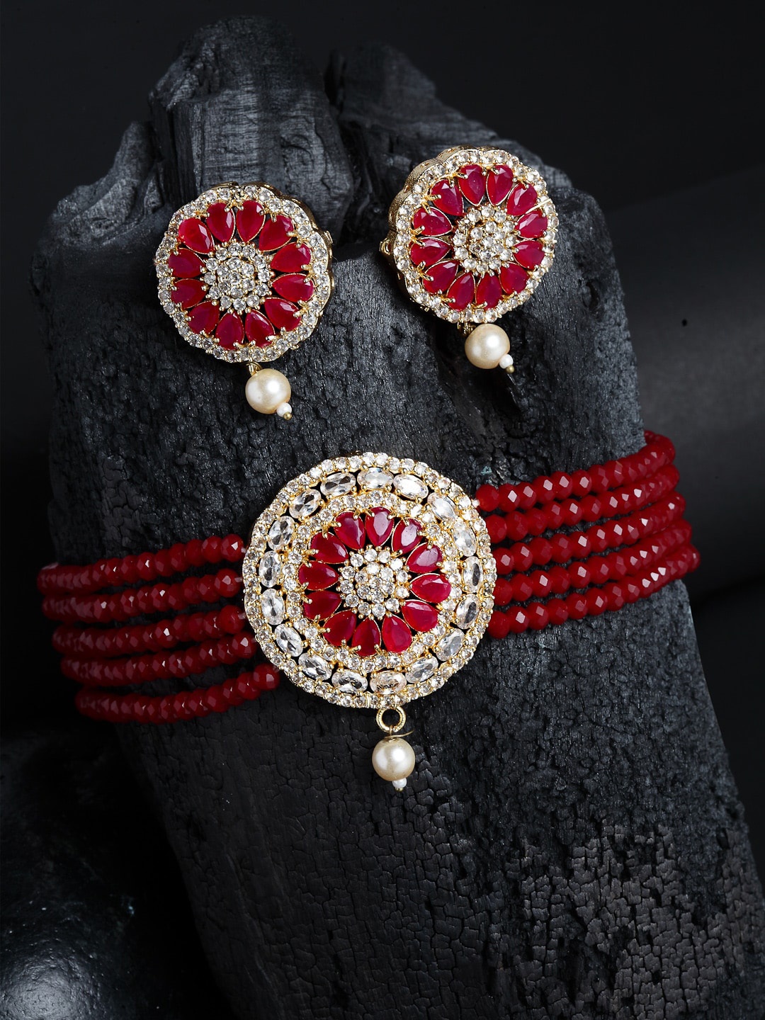 

ZENEME Gold-Plated Stone Studded & Beaded Choker Jewellery Set, Red