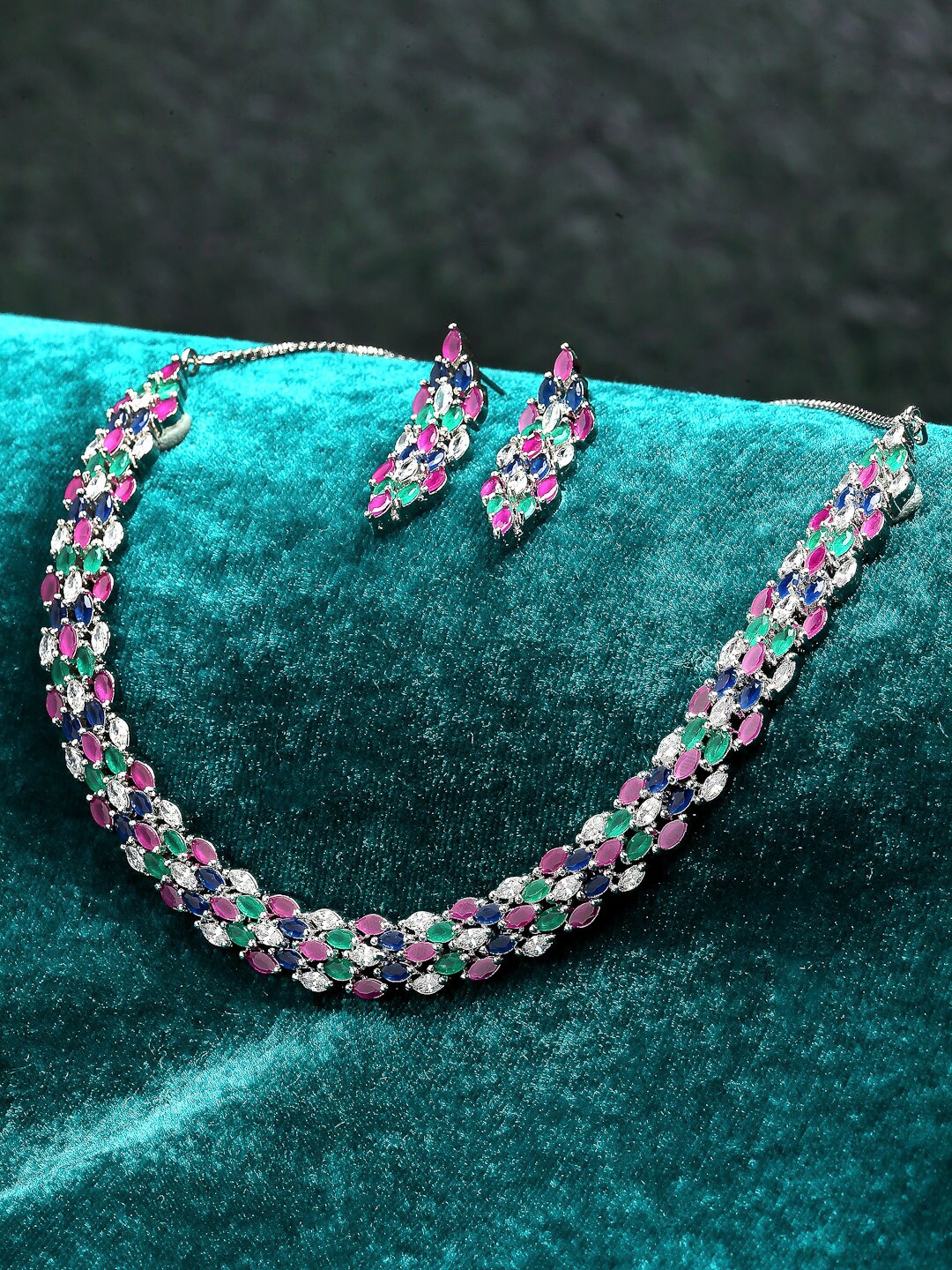 

ZENEME Silver-Plated & AD Studded Jewellery Set, Pink