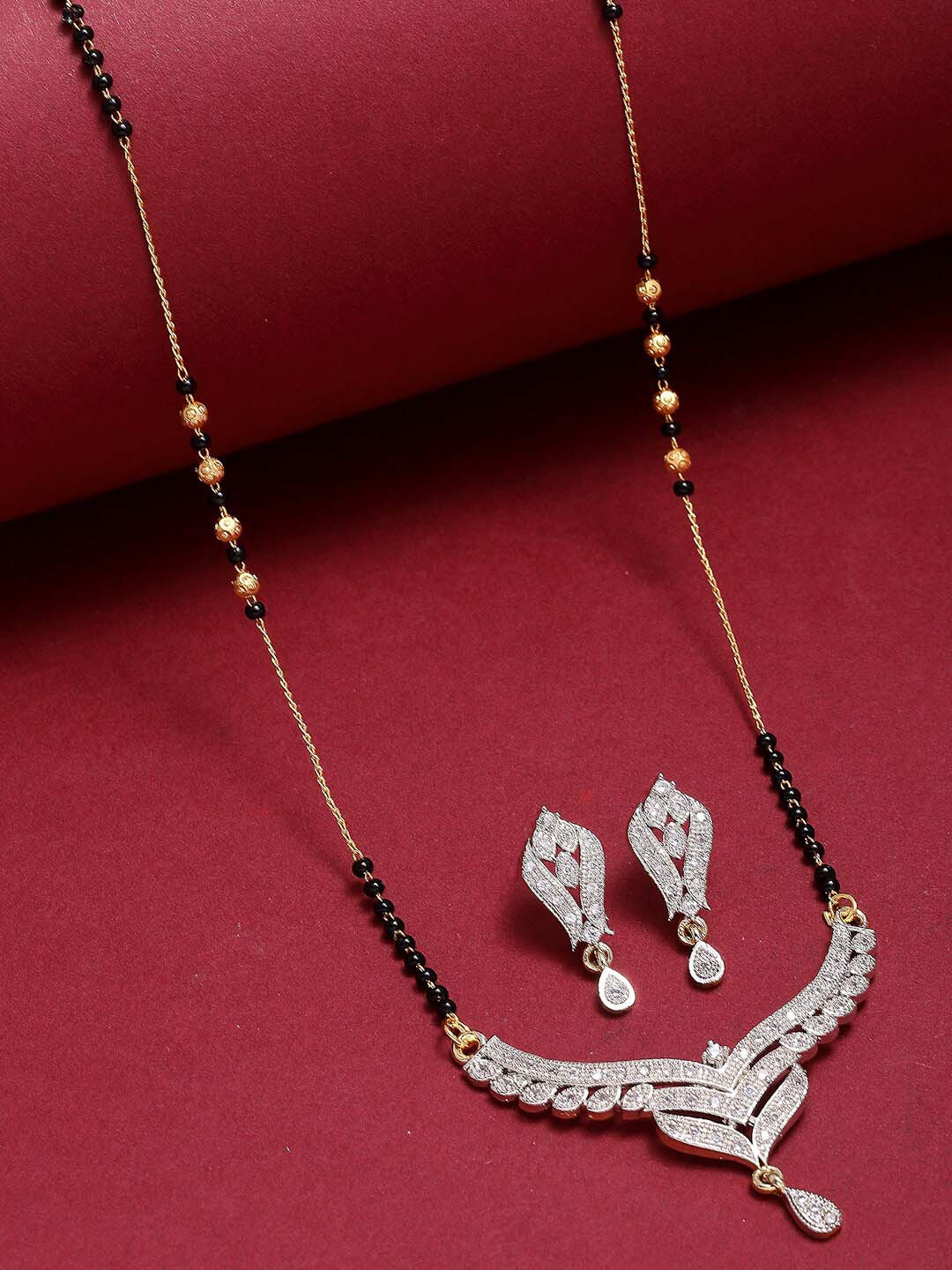 

ZENEME Gold-Plated AD Studded & Beaded Mangalsutra Set, Black