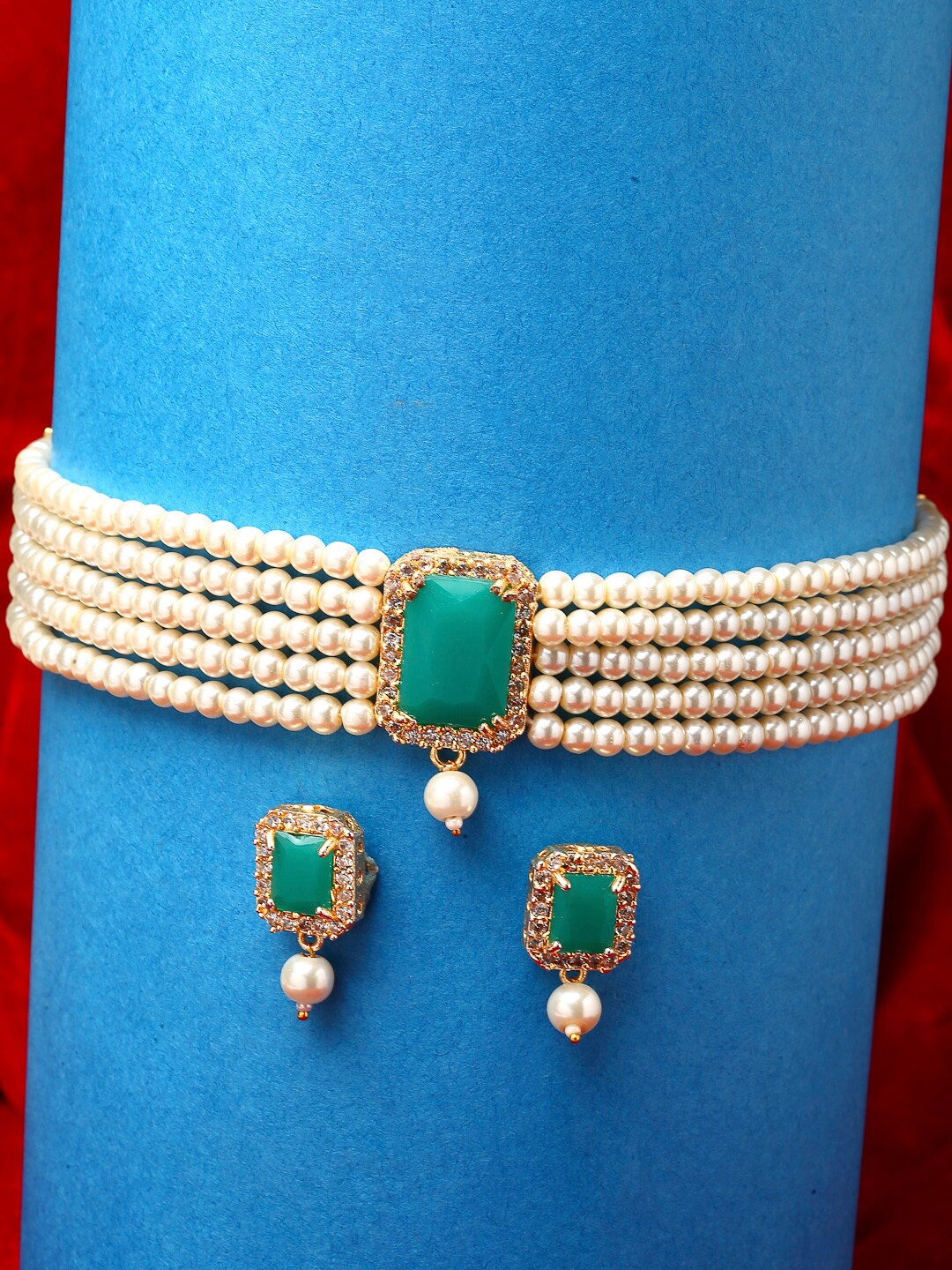 

ZENEME Gold-Plated Stone Studded Pearl Beaded Jewellery Set, Green