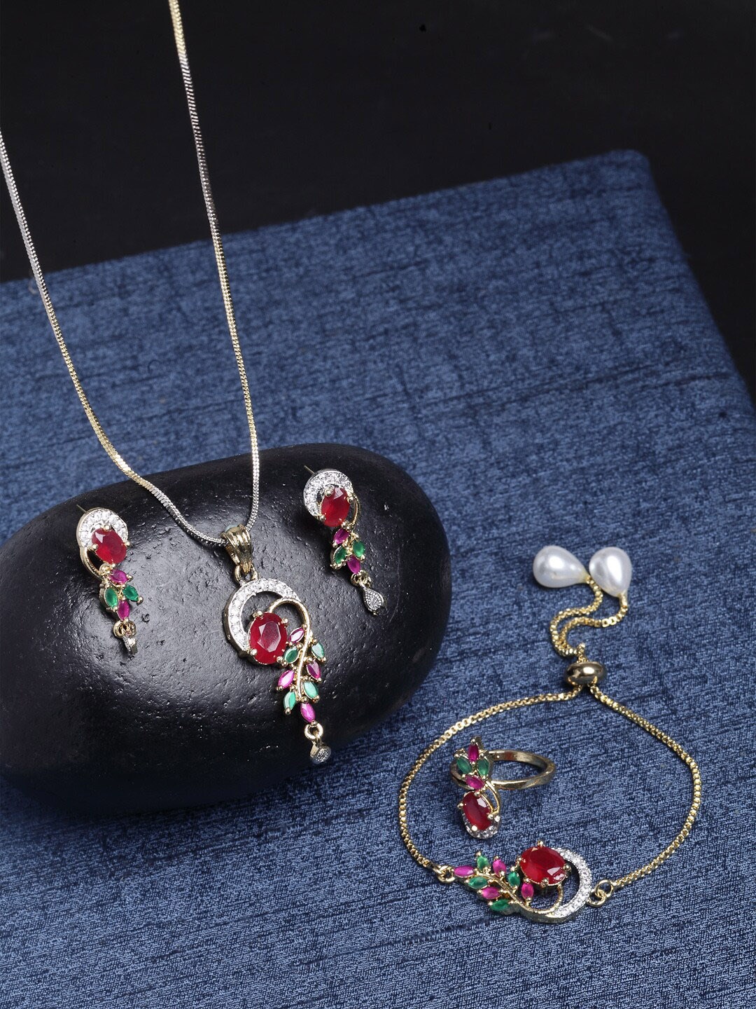 

ZENEME Gold-Plated CZ-Studded Jewellery Set, Red