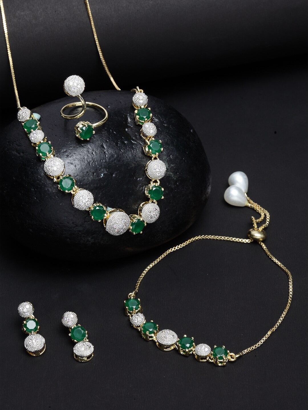 

ZENEME Gold-Plated & CZ Stone-Studded Jewellery Set, Green