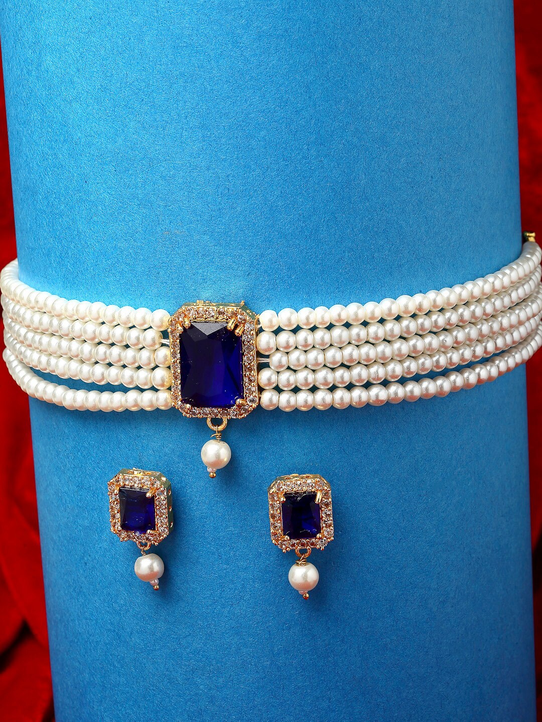 

ZENEME God-Plated AD-Studded & Pearls Beaded Jewellery Set, Blue