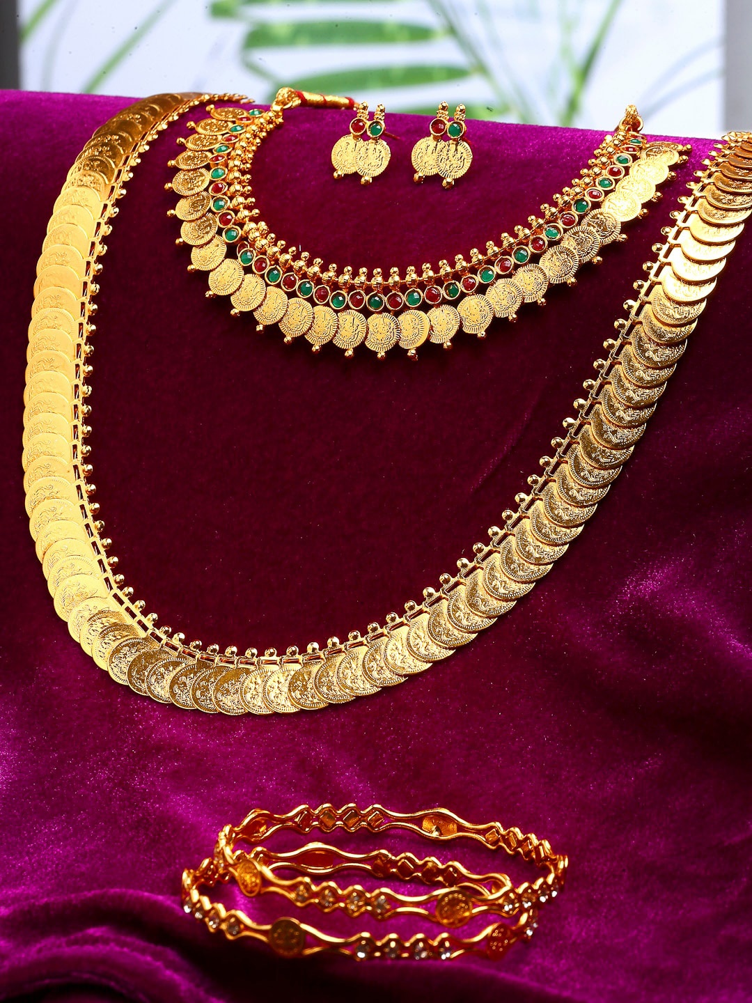 

ZENEME Gold-Plated & Stone-Studded Temple Design Jewellery Set, Red