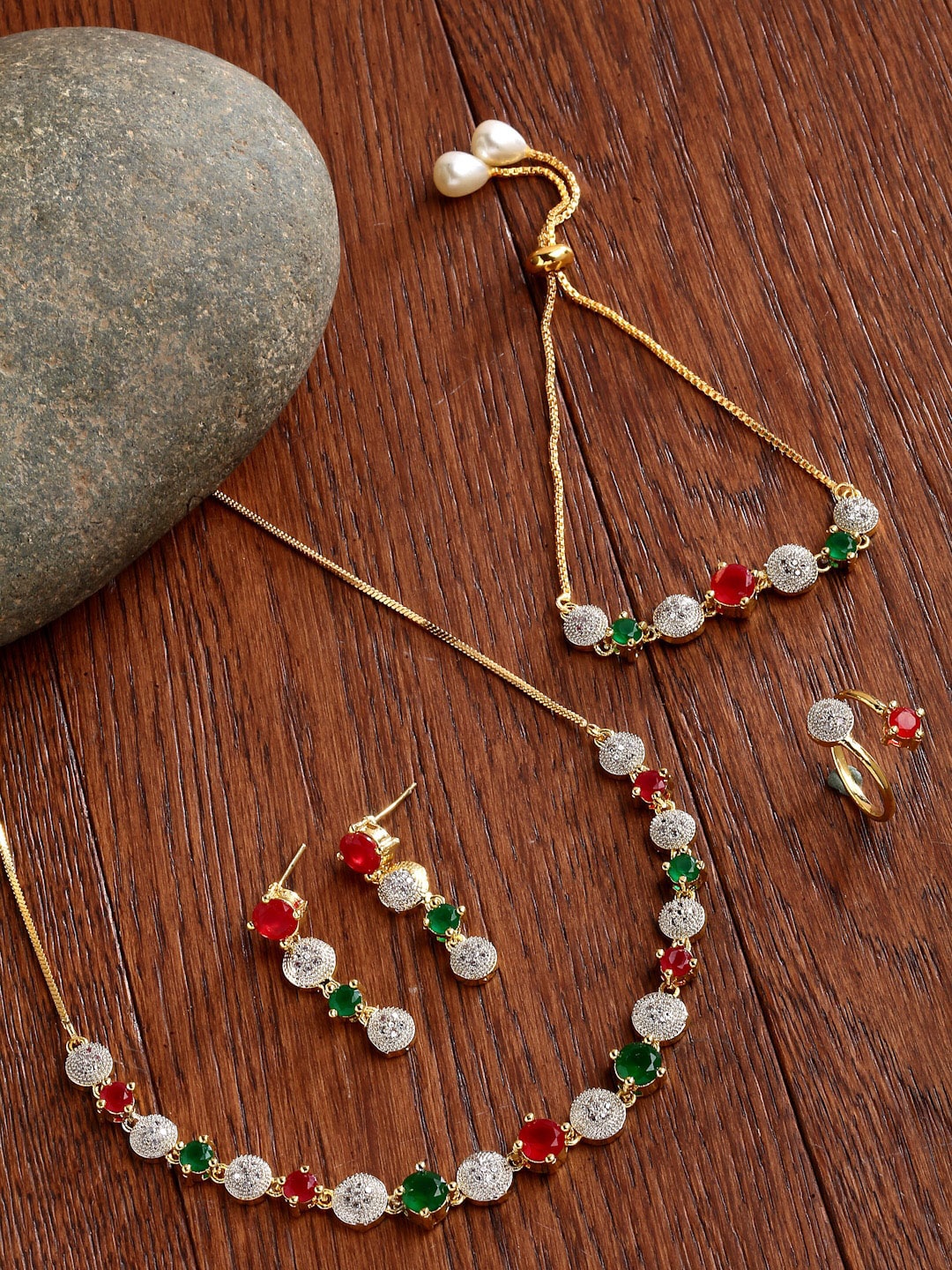 

ZENEME Gold-Plated CZ Studded Jewellery Set, Red