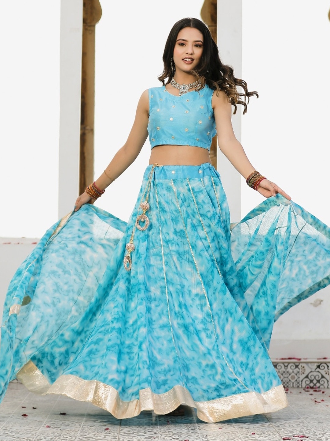 

Indi INSIDE Embroidered Tie and Dye Ready to Wear Lehenga & Unstitched Blouse With Dupatta, Blue