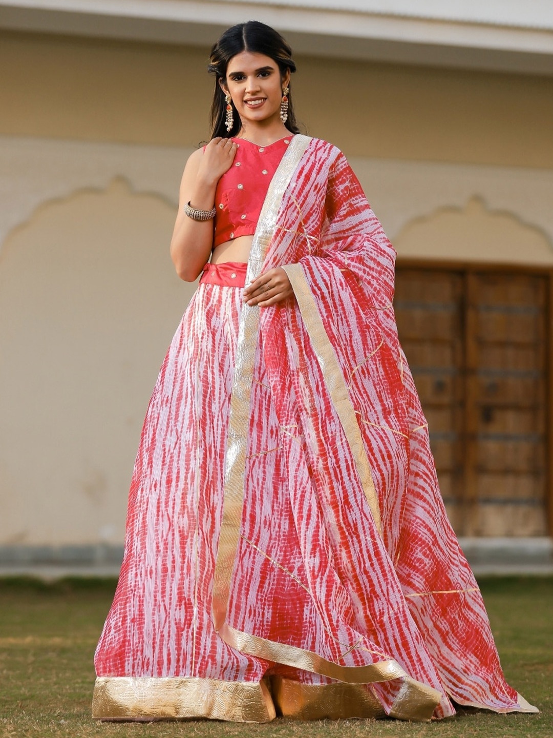 

Indi INSIDE Embroidered Tie and Dye Ready to Wear Lehenga & Unstitched Blouse With Dupatta, Red