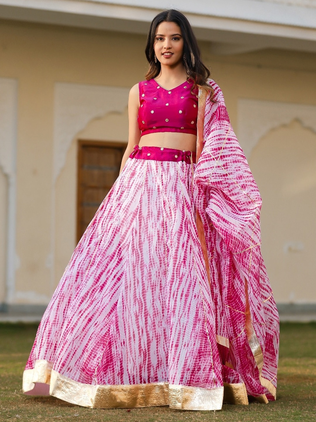 

Indi INSIDE Embroidered Tie and Dye Ready to Wear Lehenga & Unstitched Blouse With Dupatta, Magenta