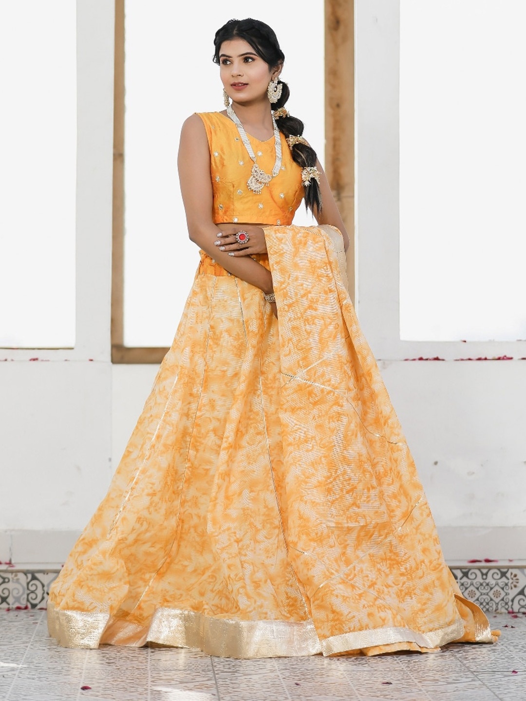 

Indi INSIDE Embroidered Tie and Dye Ready to Wear Lehenga & Unstitched Blouse With Dupatta, Mustard