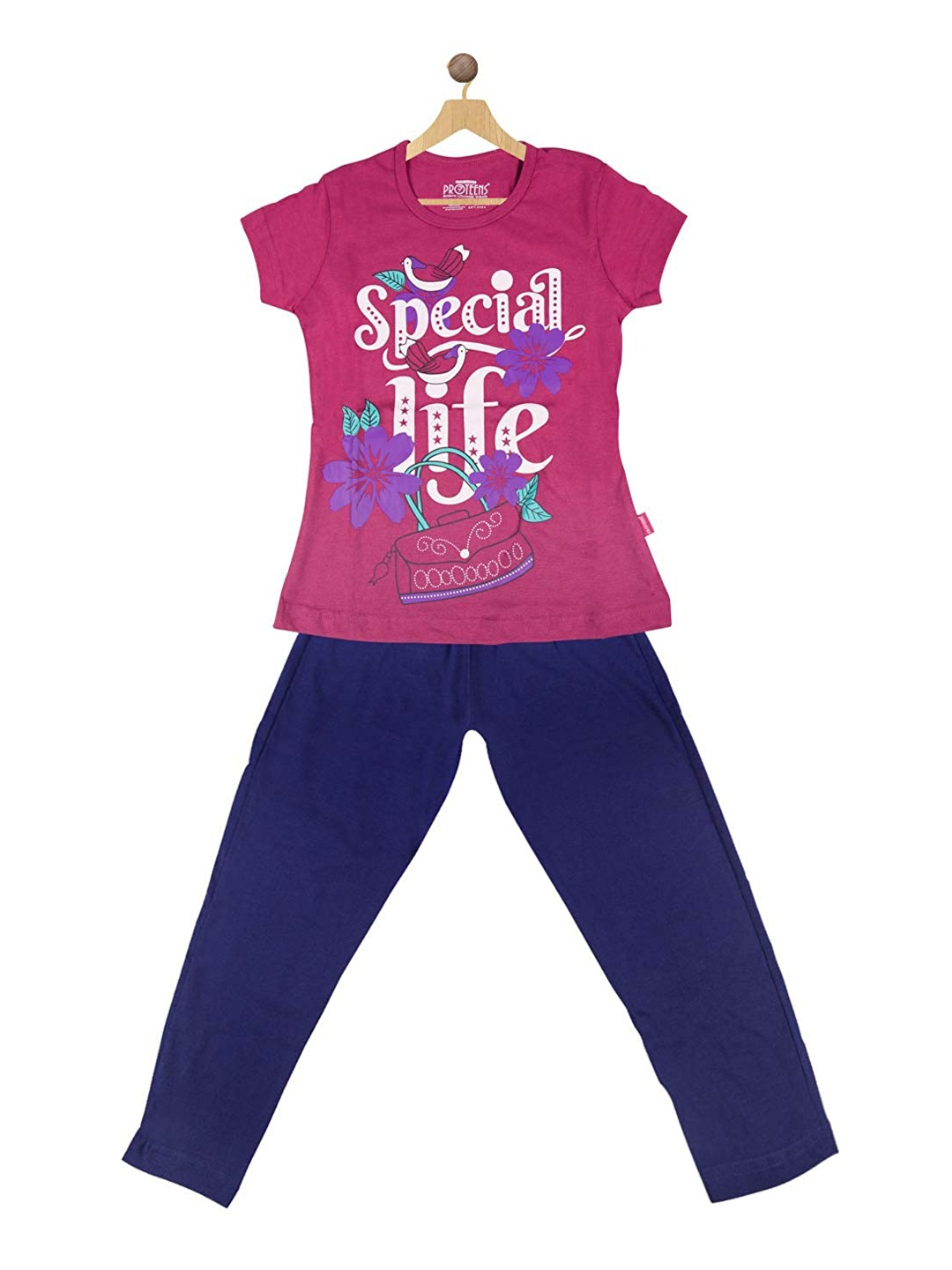 

PROTEENS Girls Typography Printed Pure Cotton Night Suit, Purple