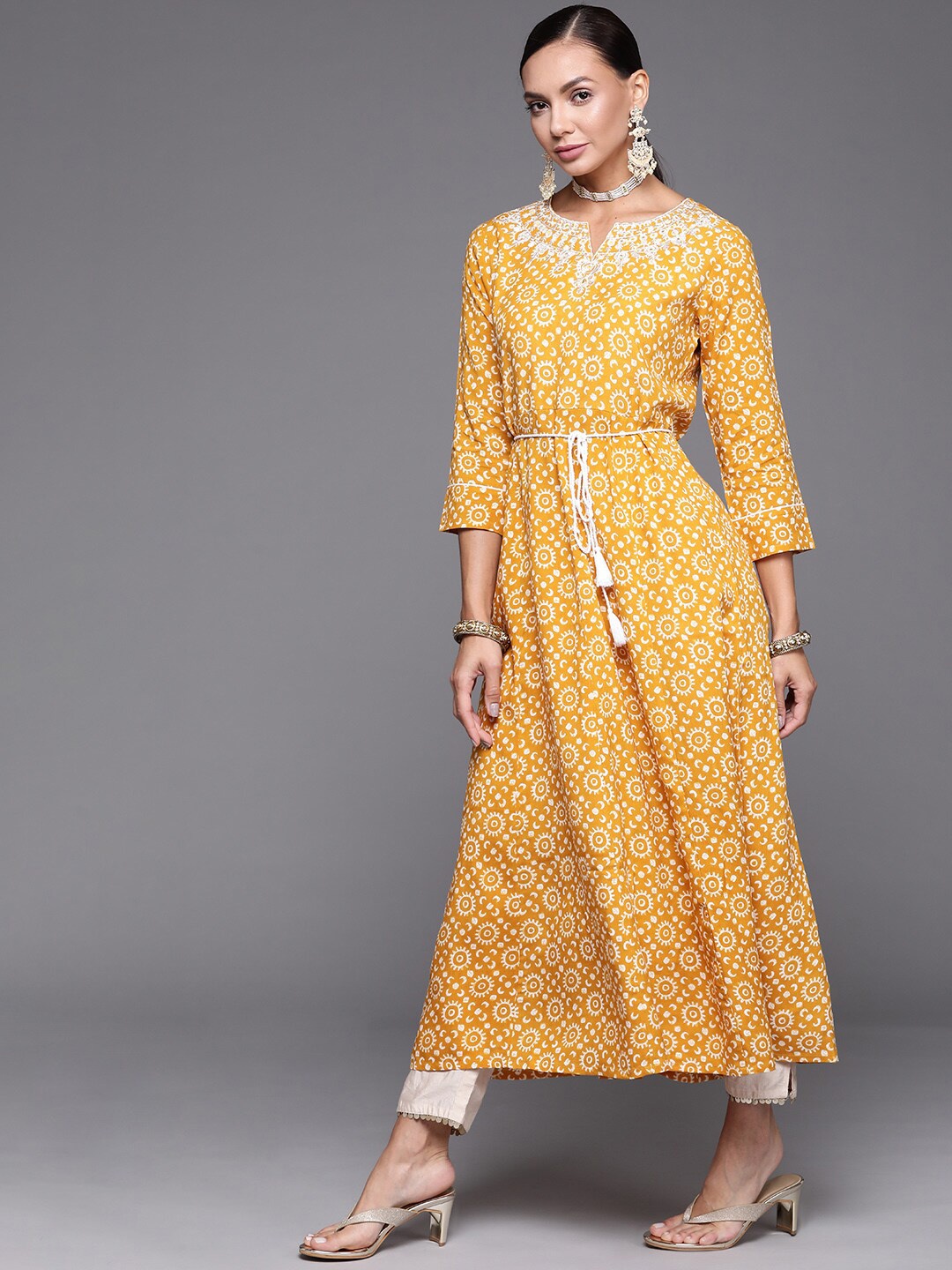 

Indo Era Tie-Up Embroidered Printed Kurta, Mustard