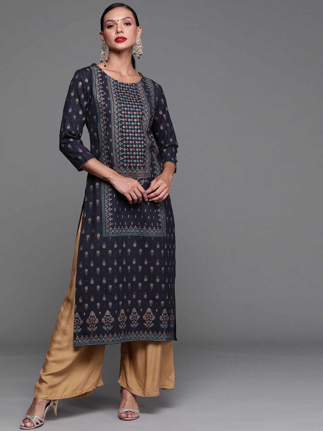 

Indo Era Ethnic Motifs Printed Kurta, Navy blue