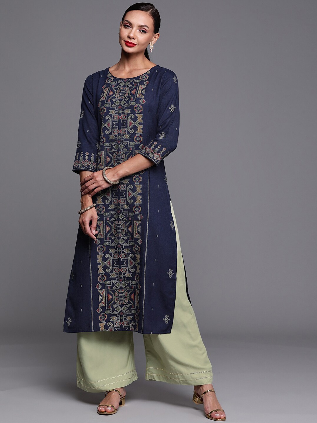 

Indo Era Women Ethnic Motifs Printed Straight Cotton Kurta, Navy blue