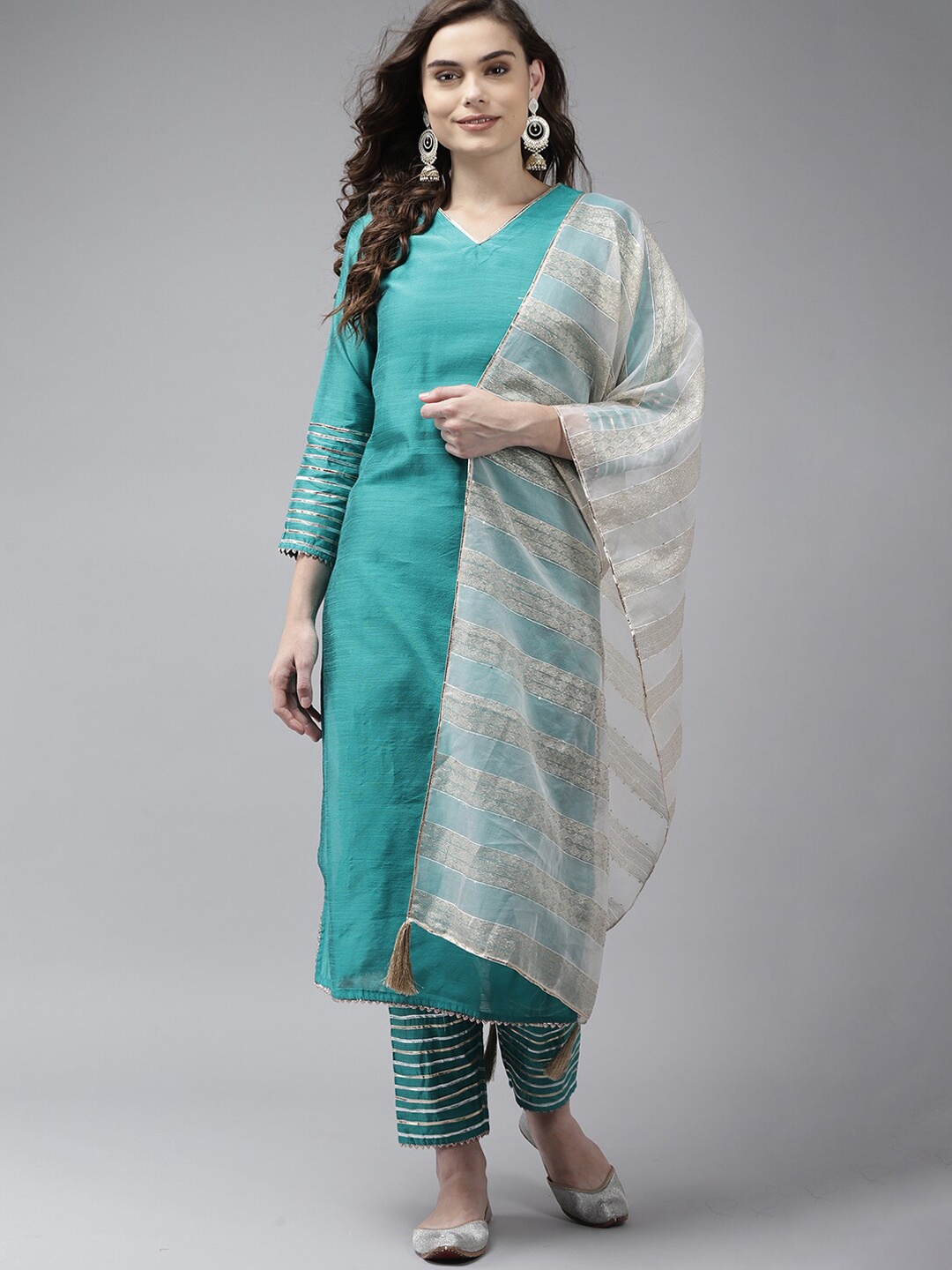 

Indo Era Gotta Patti Chanderi Cotton Kurta with Trousers & Dupatta, Sea green