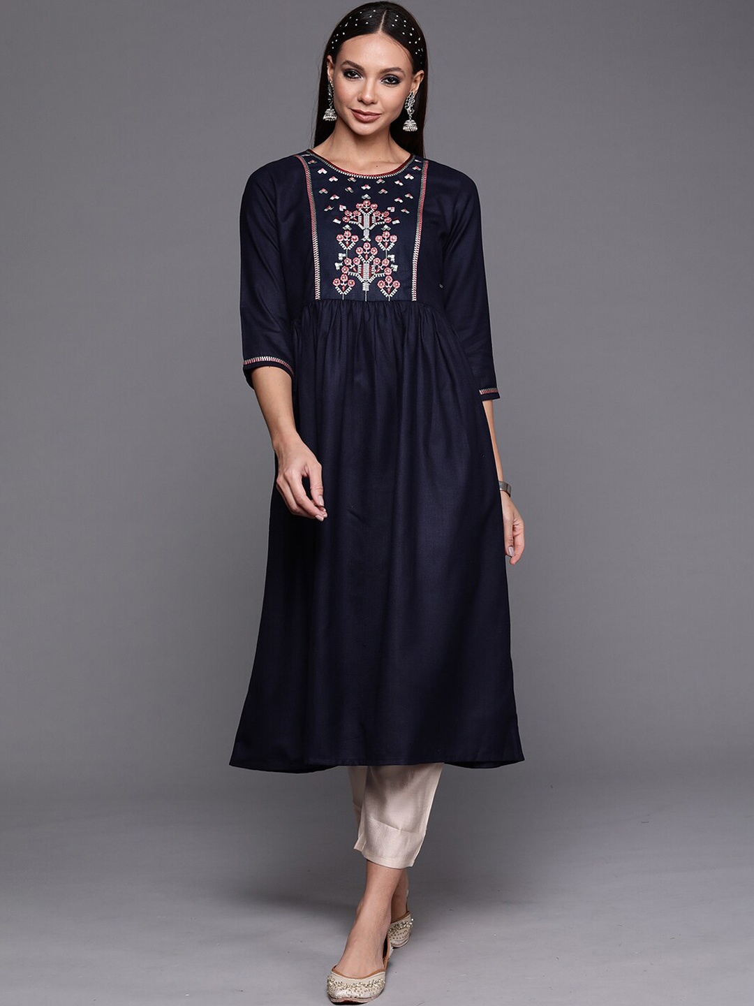 

Indo Era Women Yoke Design Embroidered A-line Cotton Kurta, Navy blue