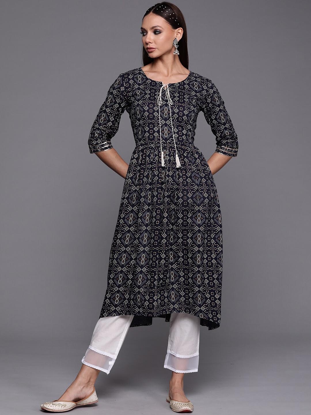 

Indo Era Women Ethnic Motifs Printed Tie-Up Neck A-line Cotton Kurta, Navy blue