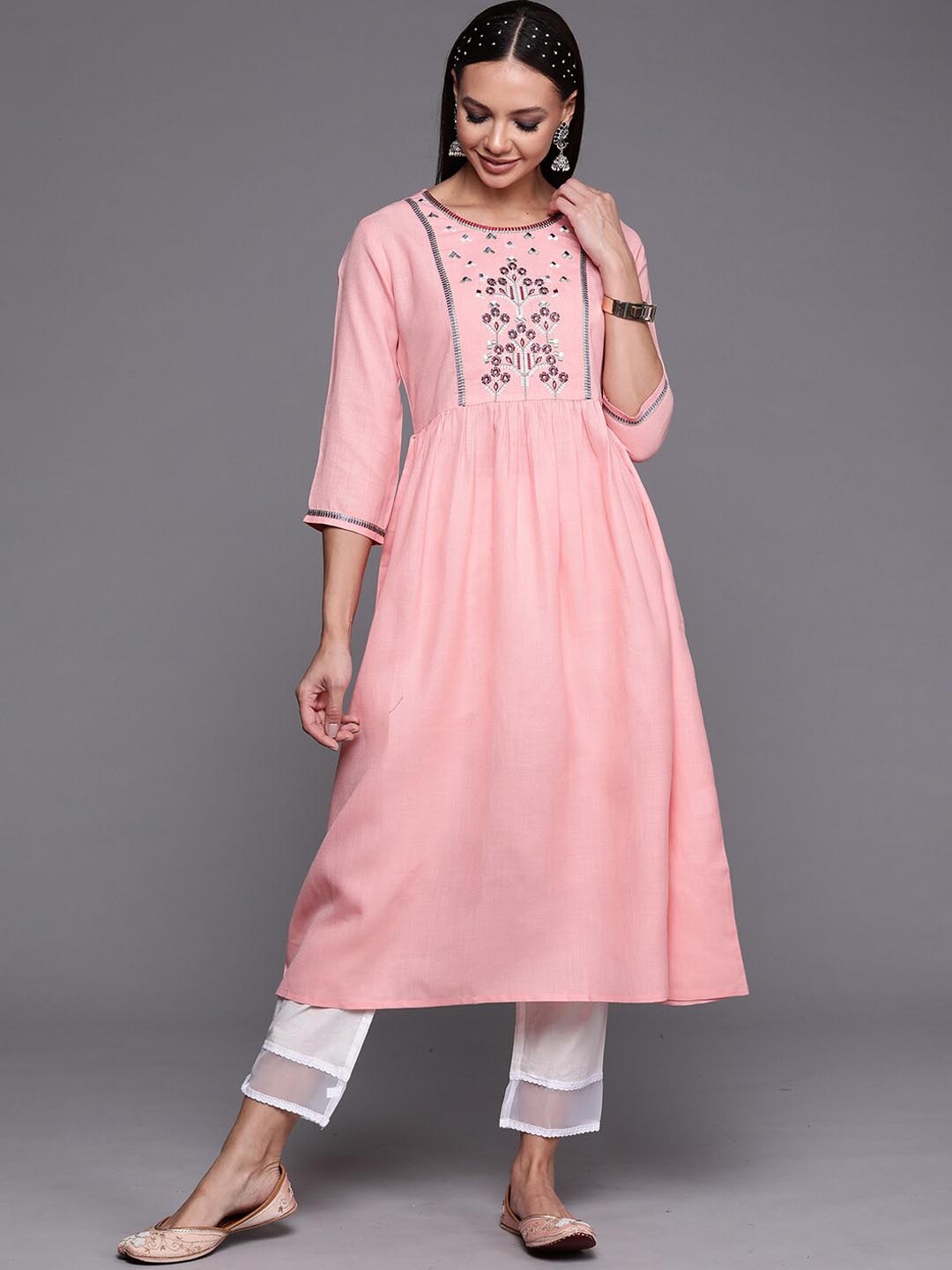 

Indo Era Women Geometric Yoke Design Thread Work A-line Cotton Kurta, Pink