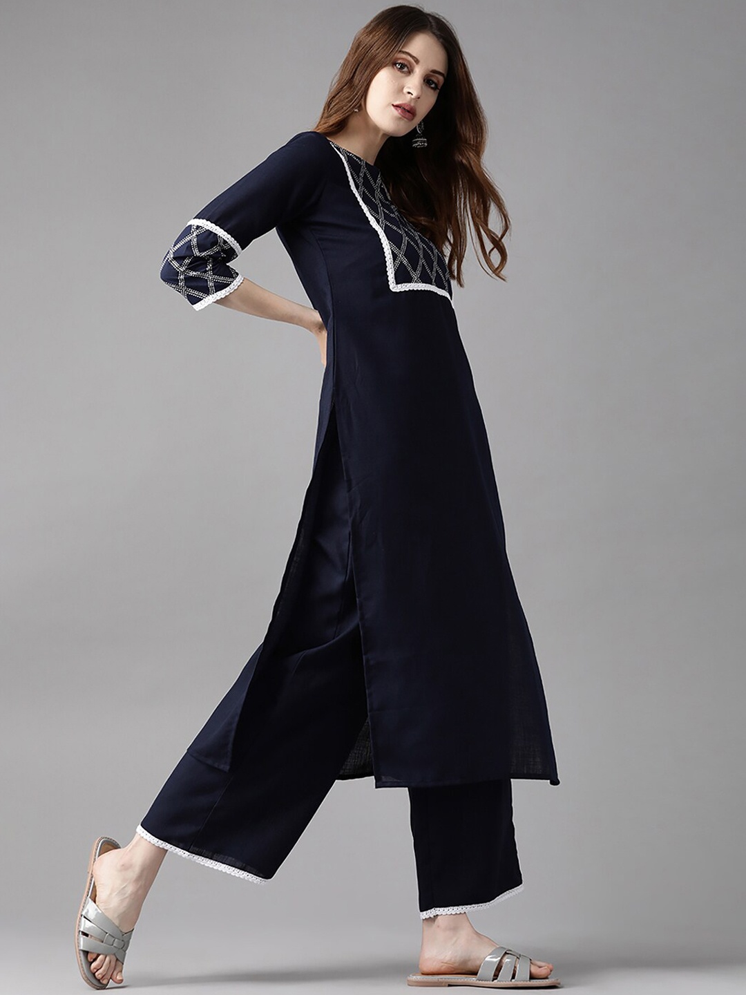 

Indo Era Printed Keyhole Neck Kurta with Trousers & Dupatta, Navy blue