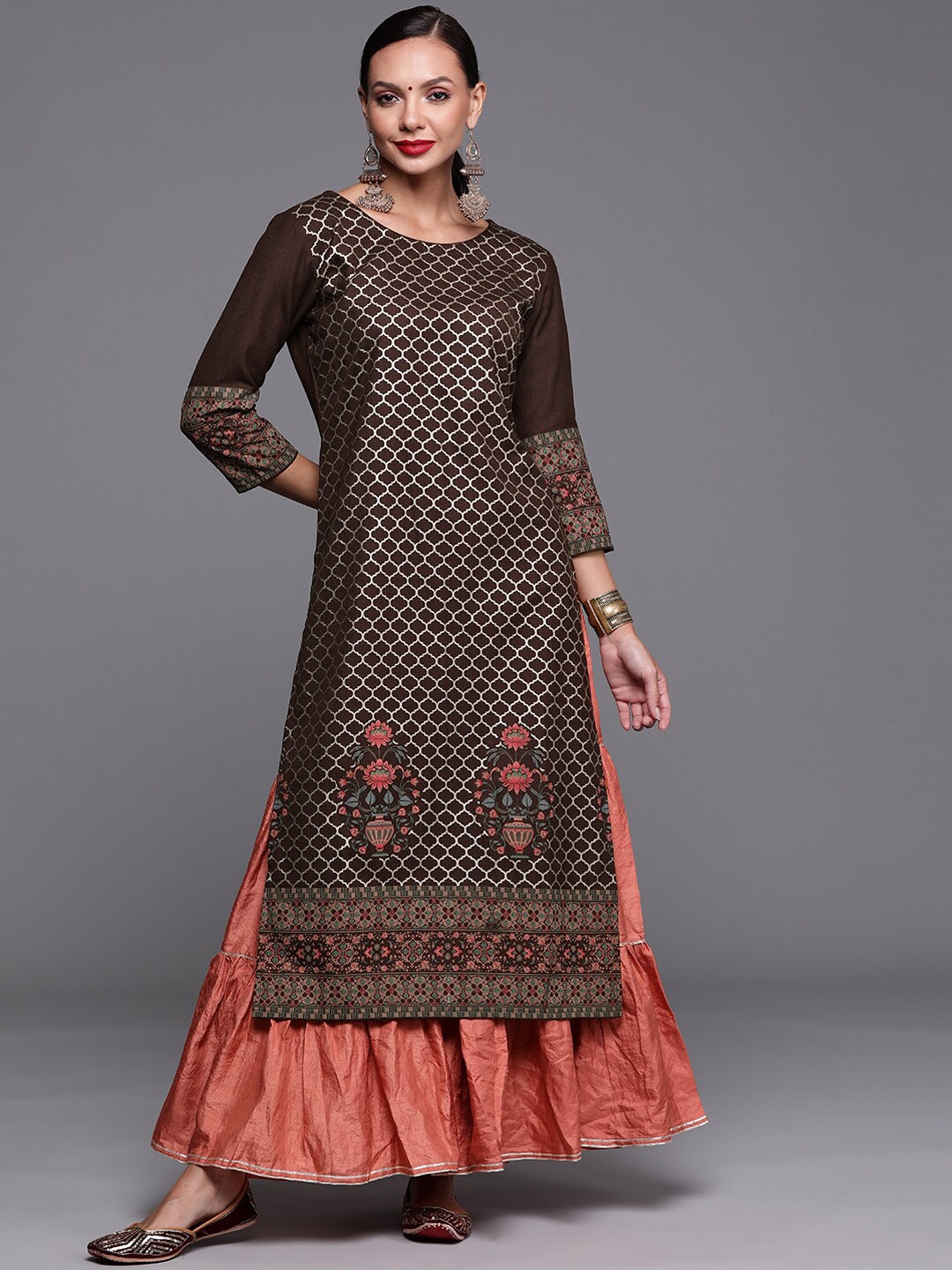 

Indo Era Women Ethnic Motifs Foil Printed Straight Cotton Kurtas, Brown