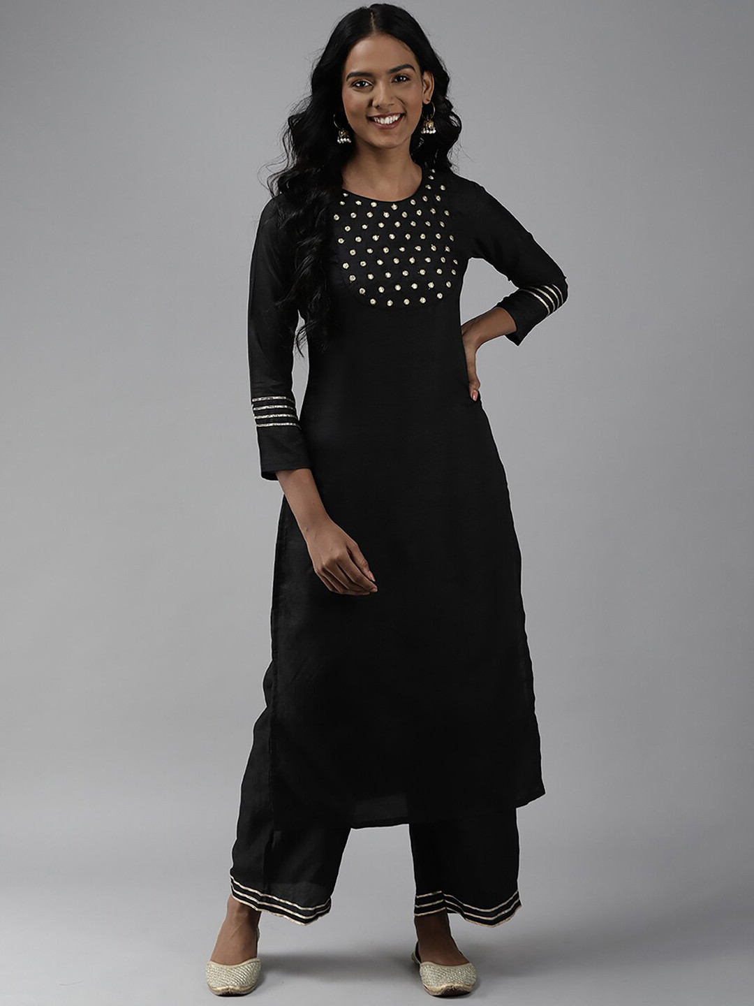 

Indo Era Women Yoke Design Kurta with Trousers, Black