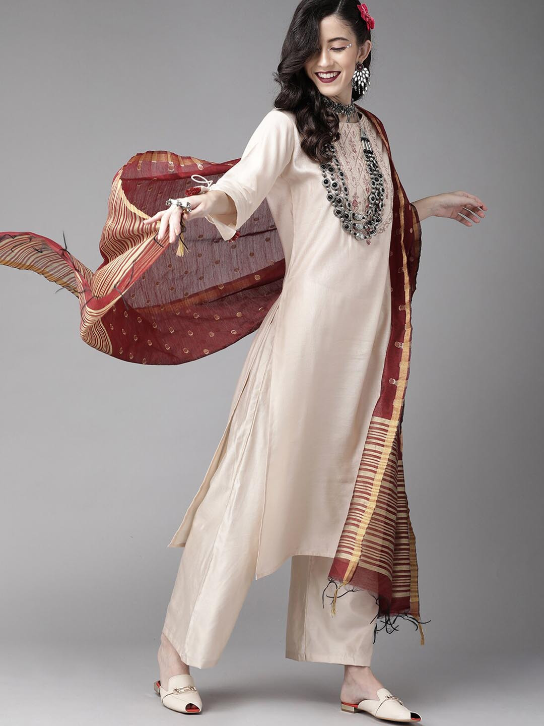 

Indo Era Women Floral Yoke Design Liva Kurta With Trousers & Dupatta, Beige