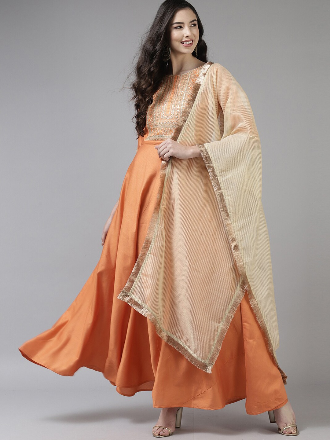 

Indo Era Embroidered Boat Neck A-Line Kurta With Dupatta, Orange