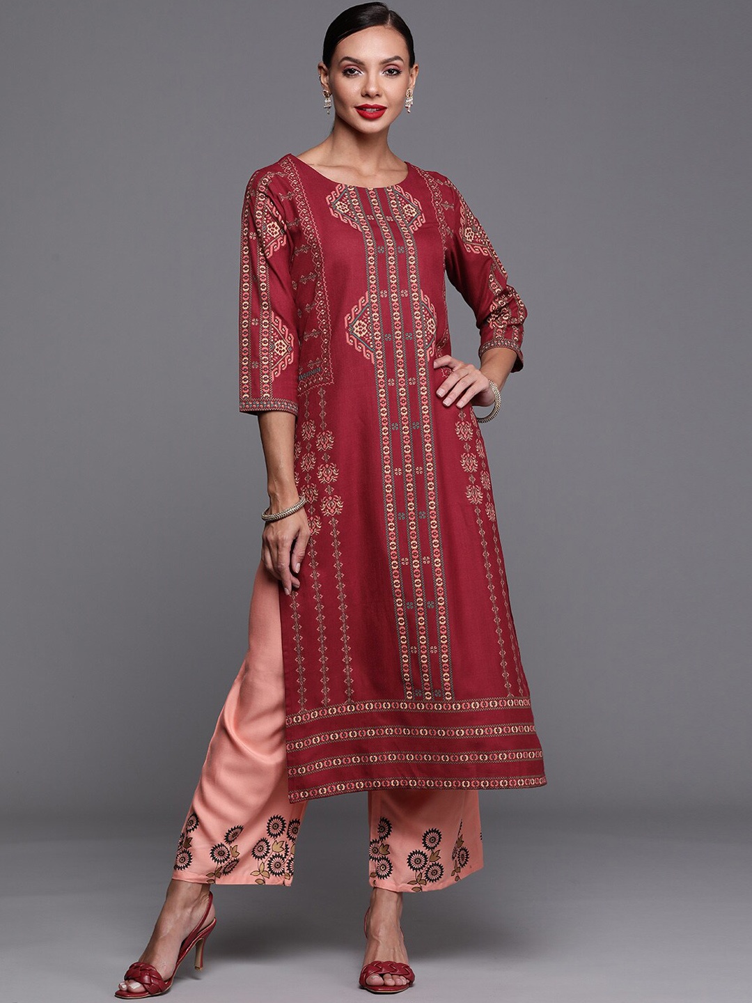 

Indo Era Printed Cotton Round Neck Straight Kurta, Maroon