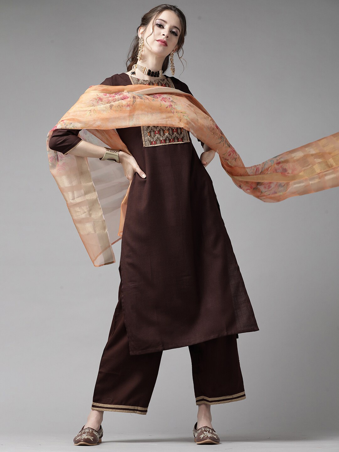 

Indo Era Women Ethnic Motifs Yoke Design Pure Cotton Kurta With Palazzos & Dupatta, Brown