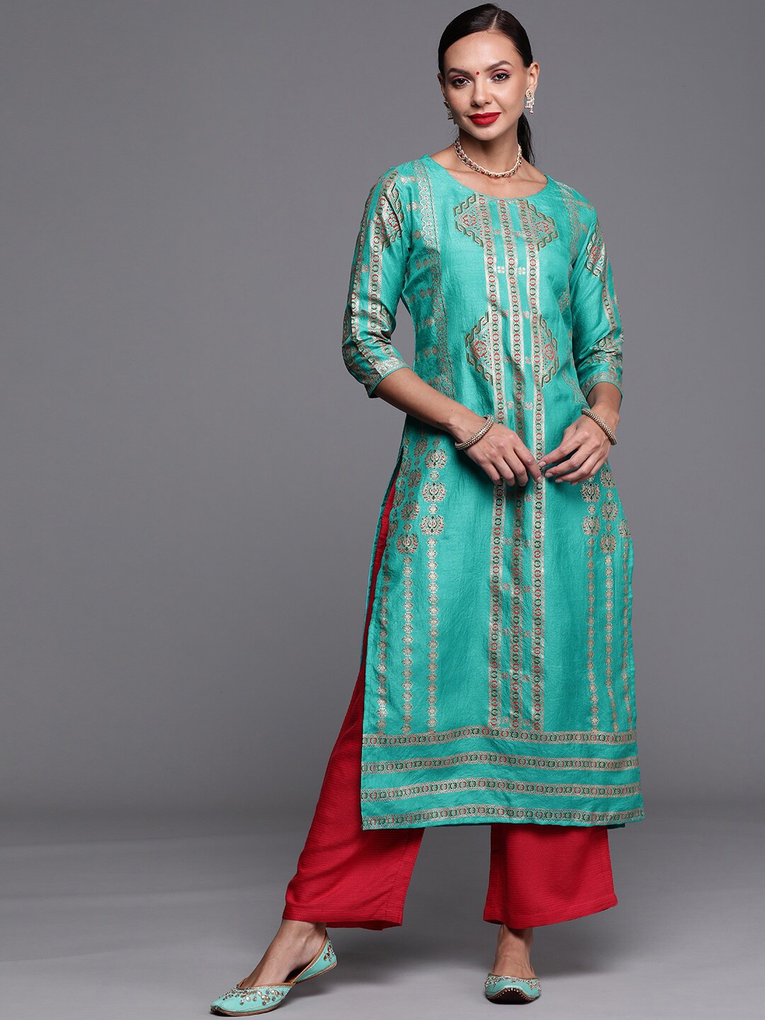 

Indo Era Women Geometric Foil Printed Kurta, Sea green