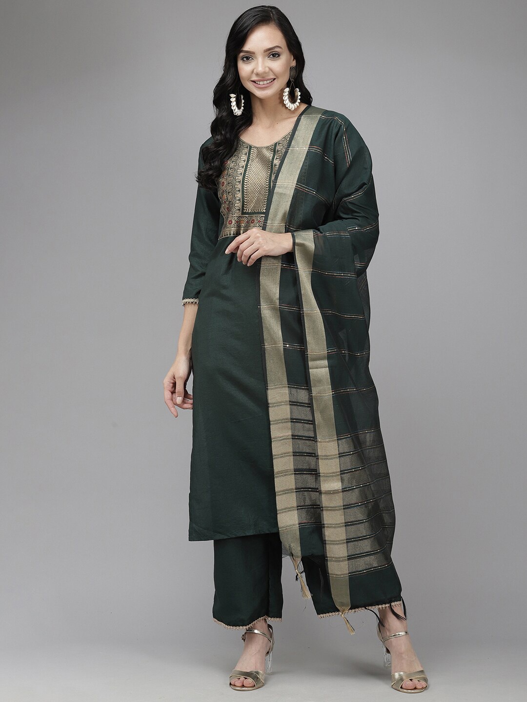

Indo Era Ethnic Motifs Printed Yoke Design Straight Kurta With Palazzo & Dupatta, Green