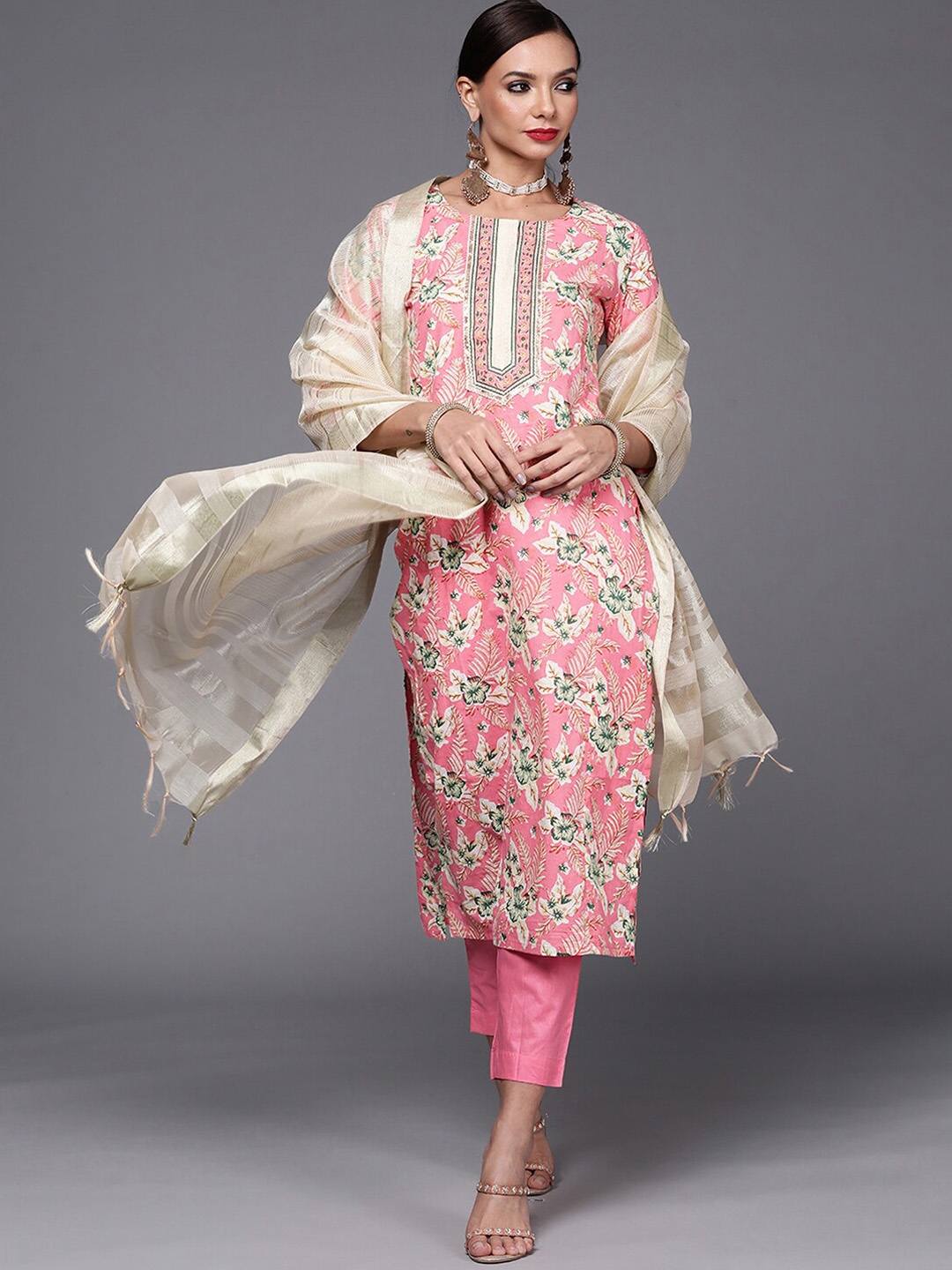 

Indo Era Floral Printed Straight Kurta With Trousers & Dupatta, Pink