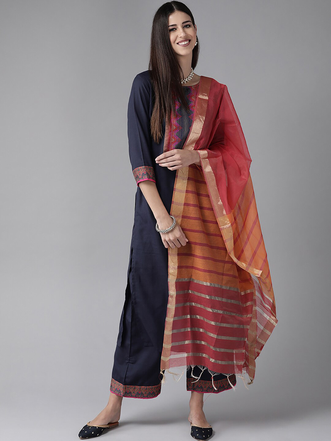 

Indo Era Women Pure Cotton Straight Kurta with Palazzos & Dupatta, Navy blue