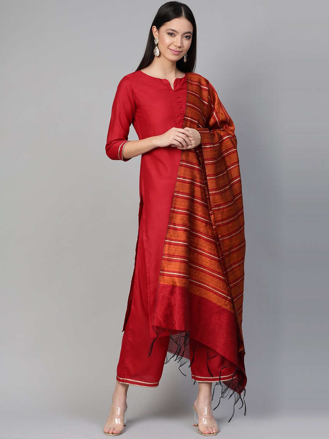 

Indo Era Three-quarter Sleeves Straight Kurta With Palazzos & Dupatta, Maroon