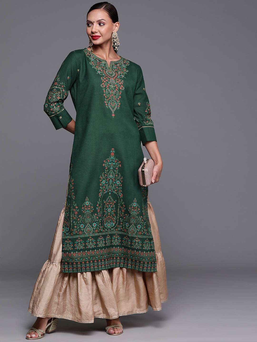 

Indo Era Women Ethnic Motifs Printed Cotton Kurta, Green